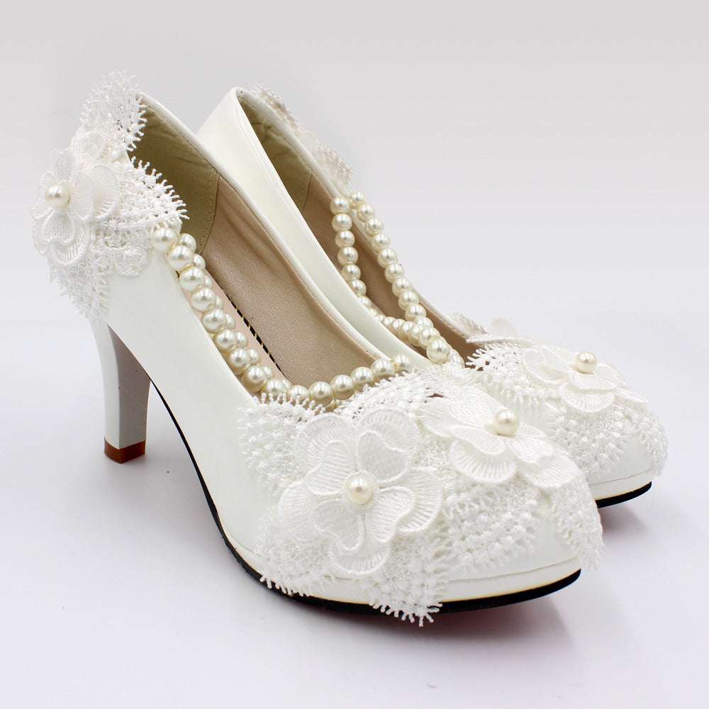 Floral With Pearl Strap High Heel White Wedding Shoes