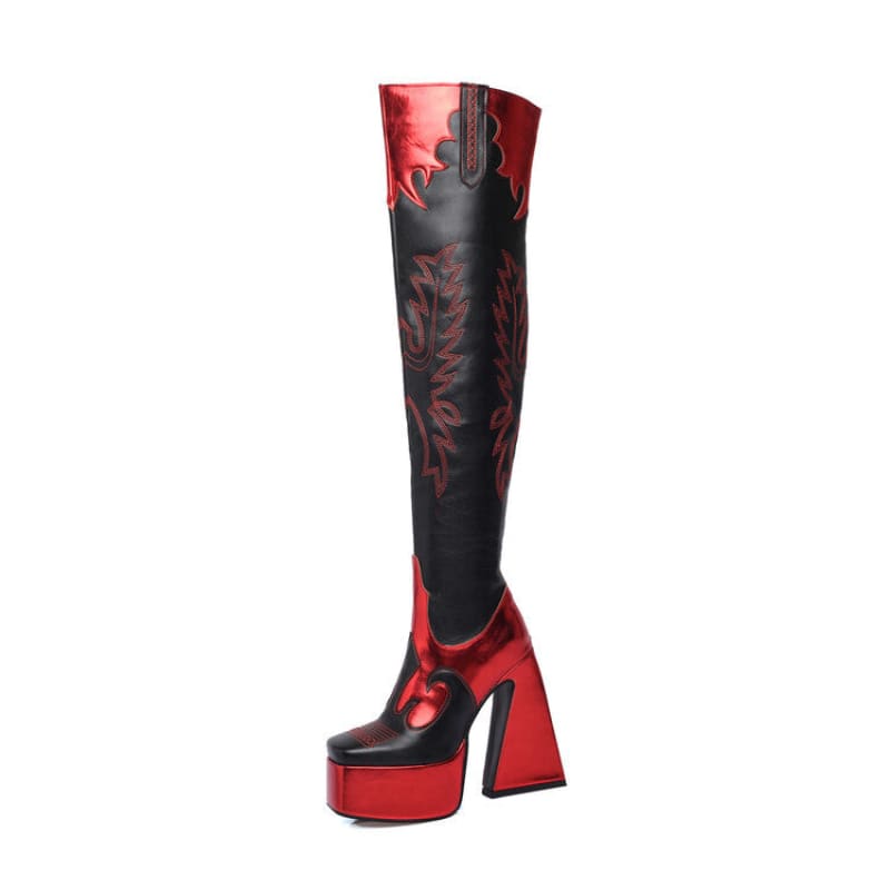 Beautiful Foil Detail Over The Knee Boots With Thick Heels And High Platform - Pleasures and Sins