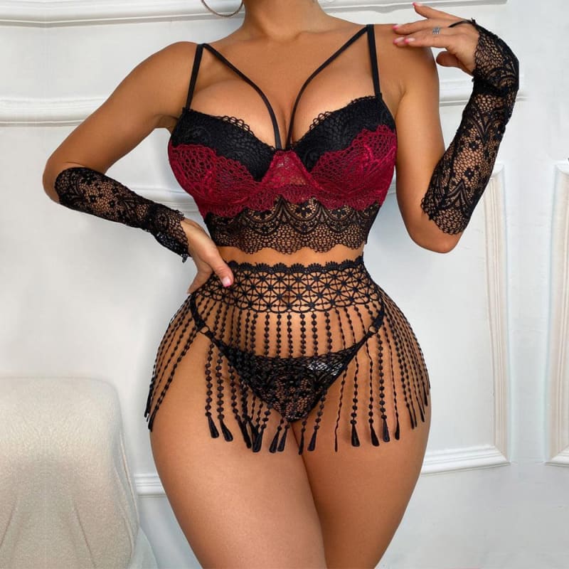 Beautiful Lace Lingerie Set WithTassel Waist and Sexy Lace Gloves - Pleasures and Sins