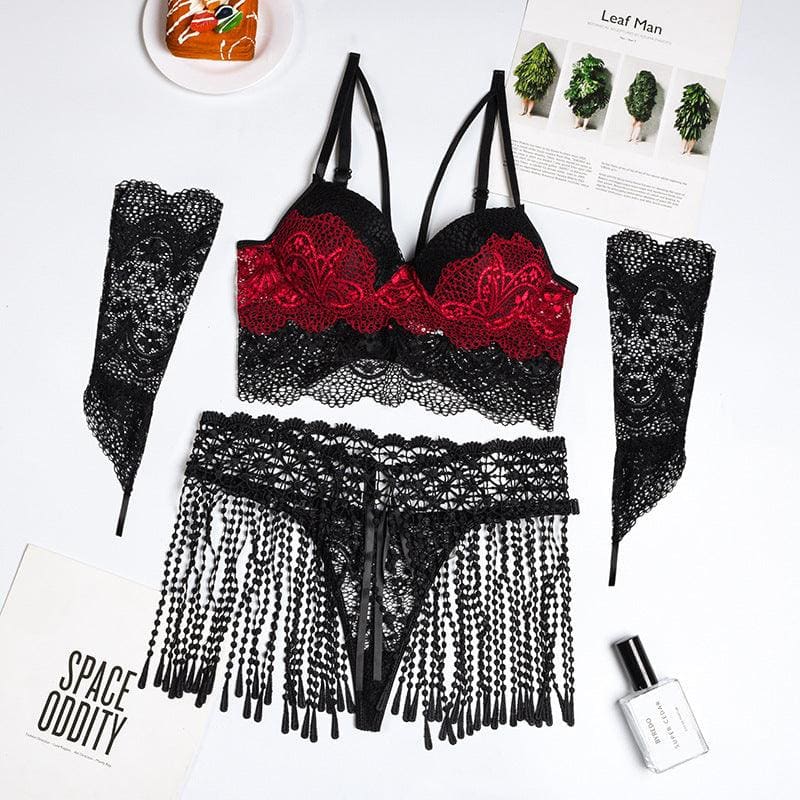 Beautiful Lace Lingerie Set WithTassel Waist and Sexy Lace Gloves - Pleasures and Sins