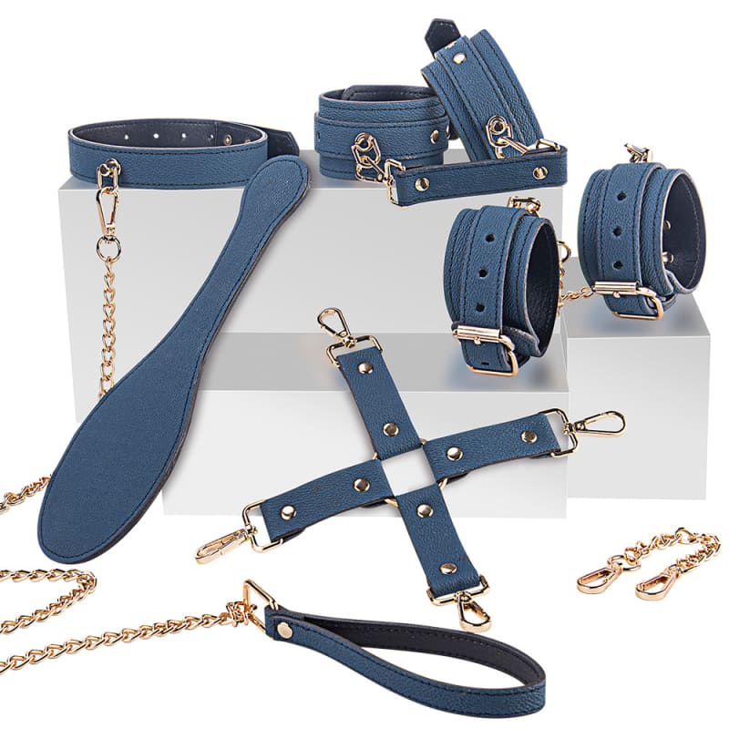 Blue leather BDSM restraint set with gold-toned hardware and chains.