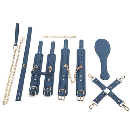 Set of blue leather BDSM restraints and accessories including cuffs, chains, and a paddle.