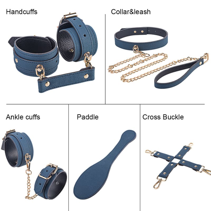 Collection of blue leather BDSM accessories and restraints.