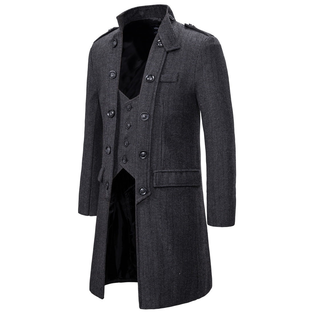 Mens Mid-length Herringbone Overcoat With Attached Waistcoat