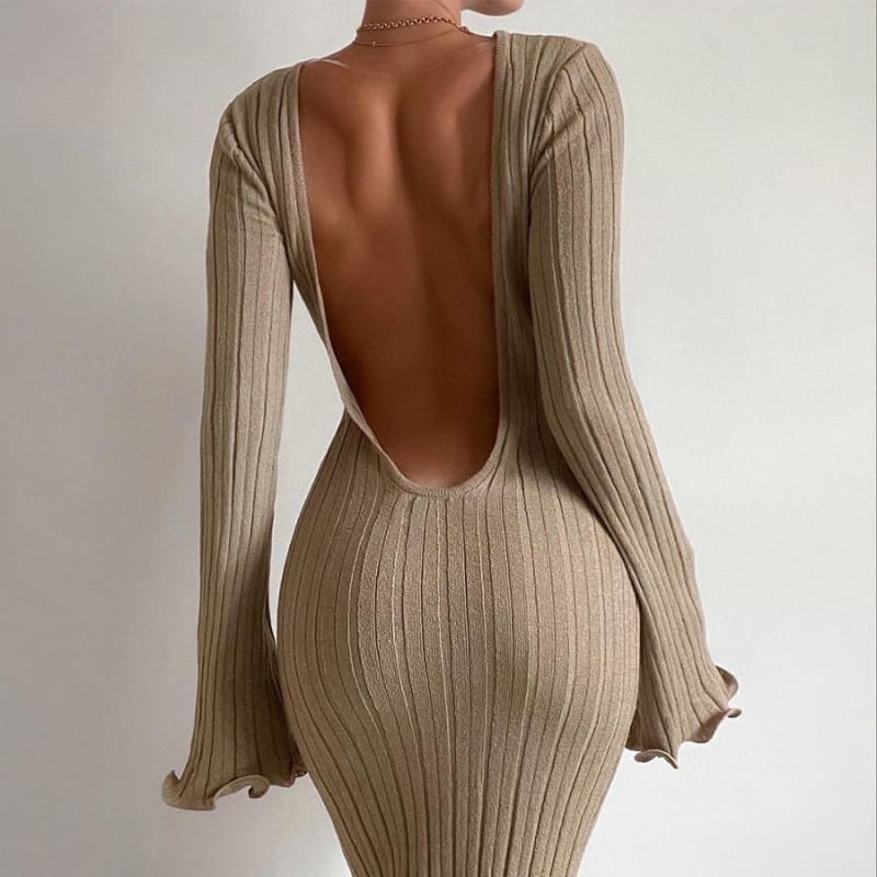 Backless ribbed beige bodycon dress with long sleeves.