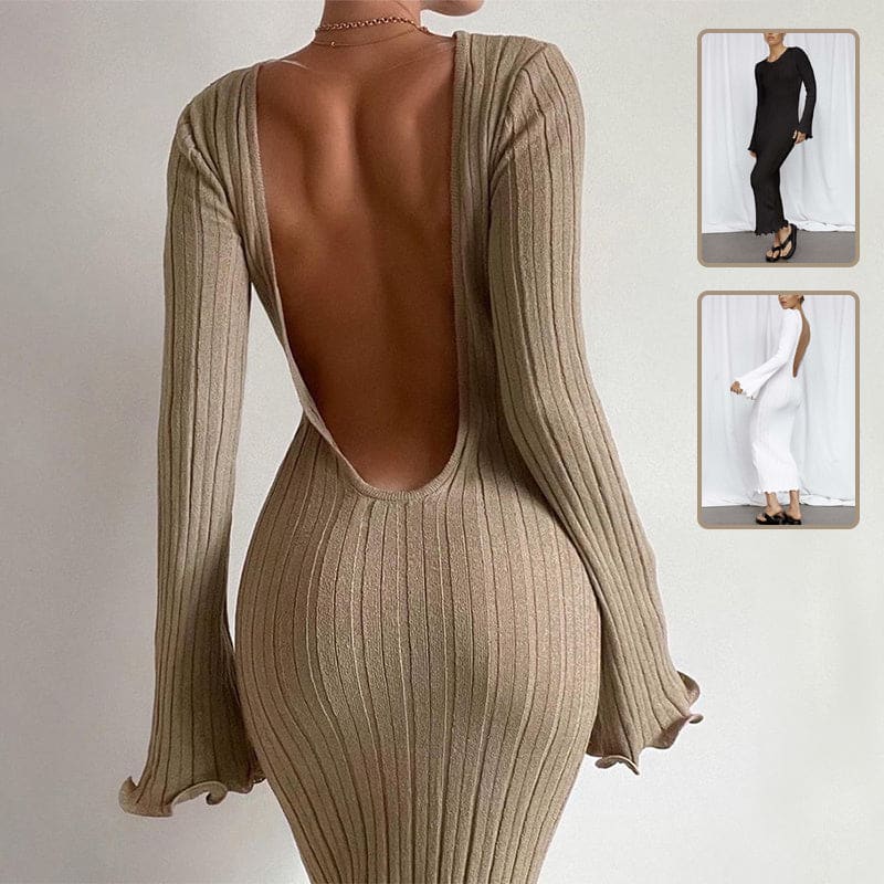 Beige ribbed bodycon dress with a plunging open back and long bell sleeves.