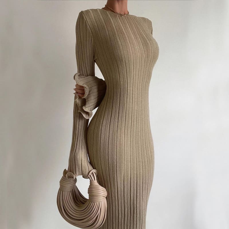 Beige ribbed bodycon dress with long sleeves and a high neckline.