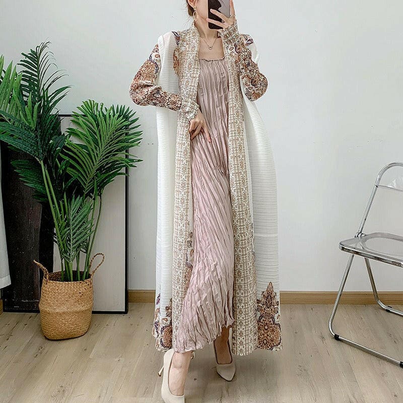 Beige Pleated Coat Cape Printed Arabic Robe for Women