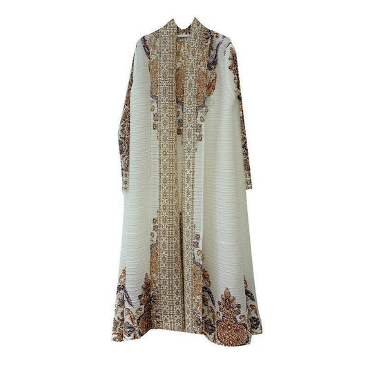 Beige Pleated Coat Cape Printed Arabic Robe for Women