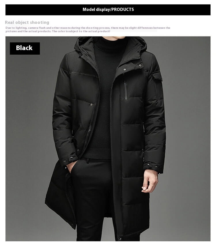 Black hooded winter parka with snap closures, a knee length coat with thermal insulation.