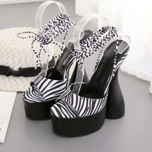 Black And White Striped Lace Up Shaped High Heels - Pleasures and Sins