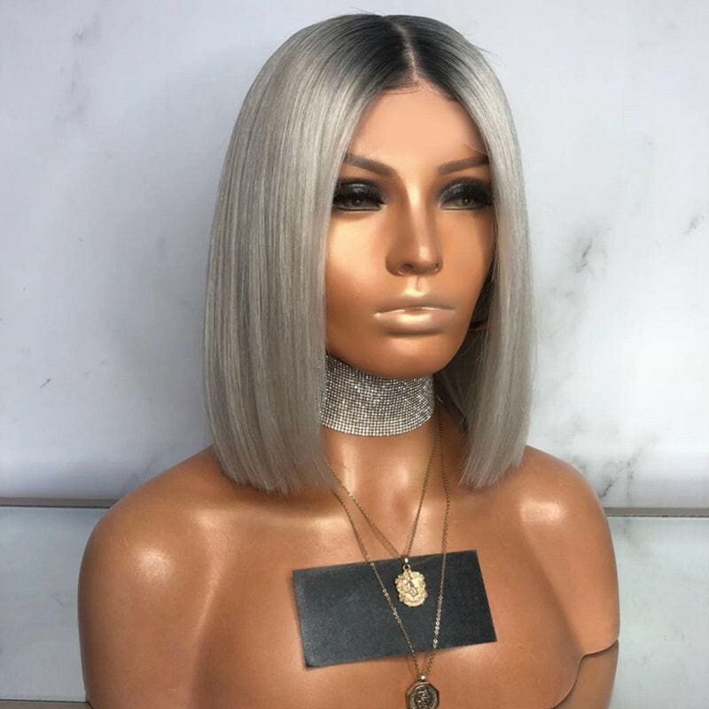 Black Gray Short Bob Wig with Centre Parting