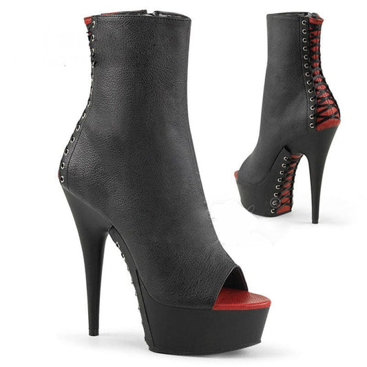 High-heeled black ankle boots with red accents and open toes.