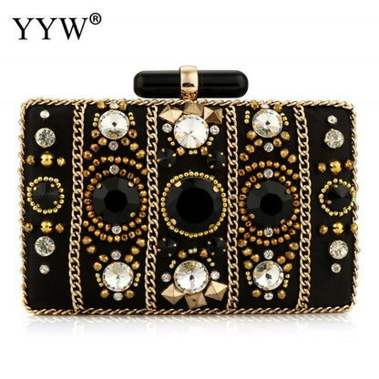 Black Satin Bohemia Style Rhinestone Clutch Bag