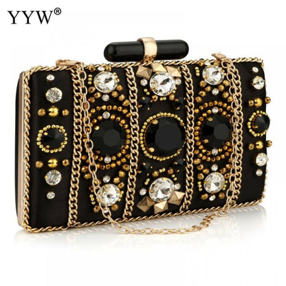 Black Satin Bohemia Style Rhinestone Clutch Bag