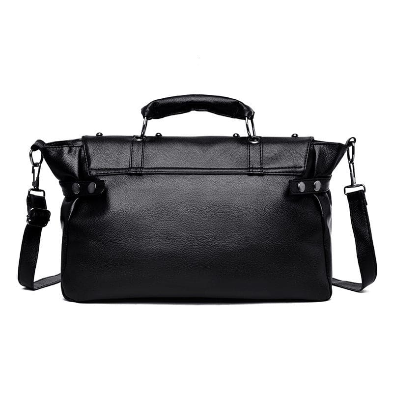 Black leather duffel bag with handles and a shoulder strap.