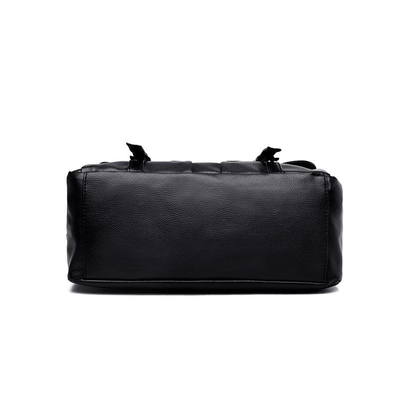 Black leather handbag with structured rectangular shape and top handles.