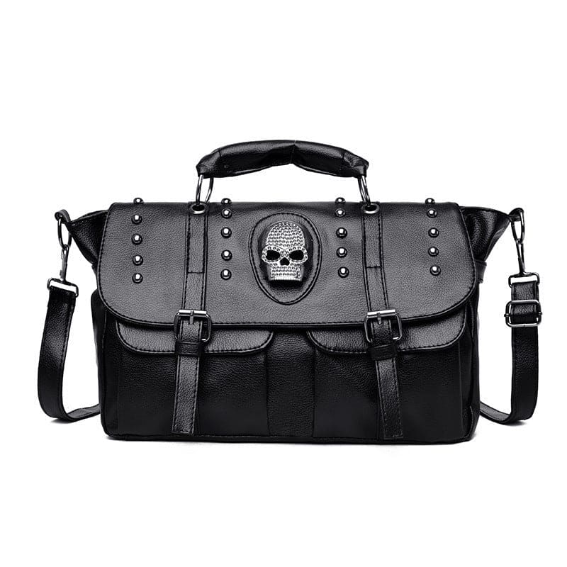 Black leather handbag with a skull emblem and studded details.