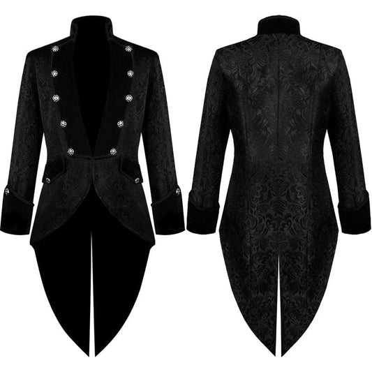 Black tailcoat jacket with double-breasted front and ornate buttons.