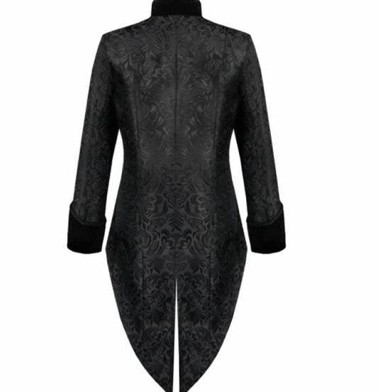 Black tailcoat jacket with intricate floral brocade pattern.