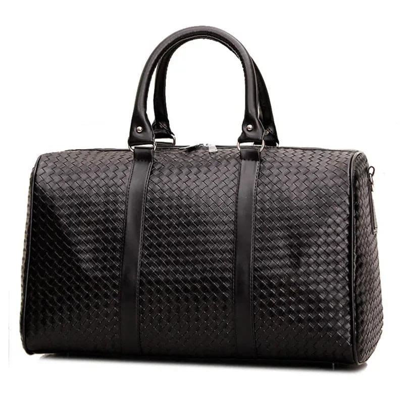 Black woven leather duffel bag with handles and a shoulder strap.