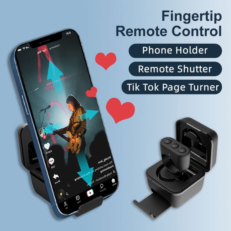 Fingertip remote control device with phone holder and TikTok page turning capabilities.