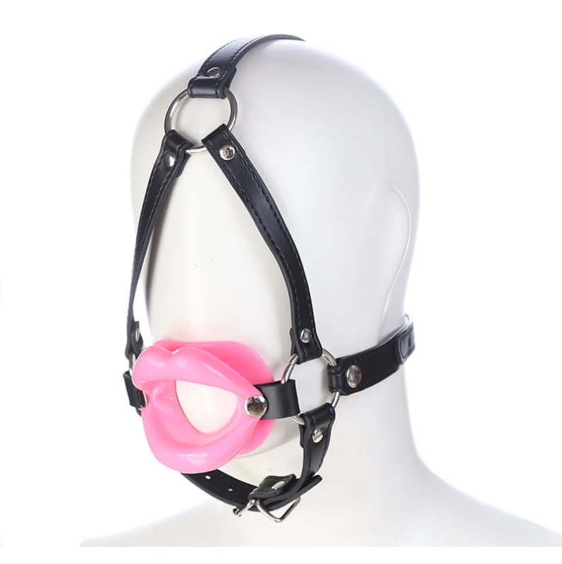 Pink silicone gag with black leather head harness.