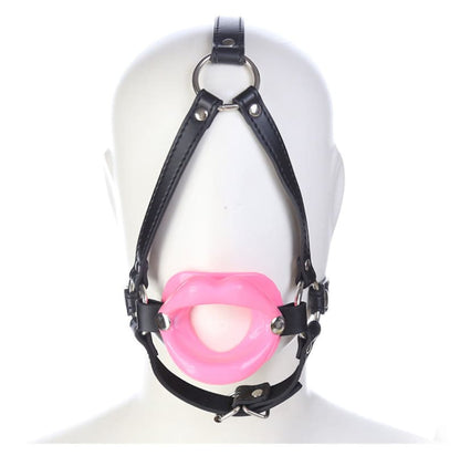 Pink ball gag with black leather harness straps.