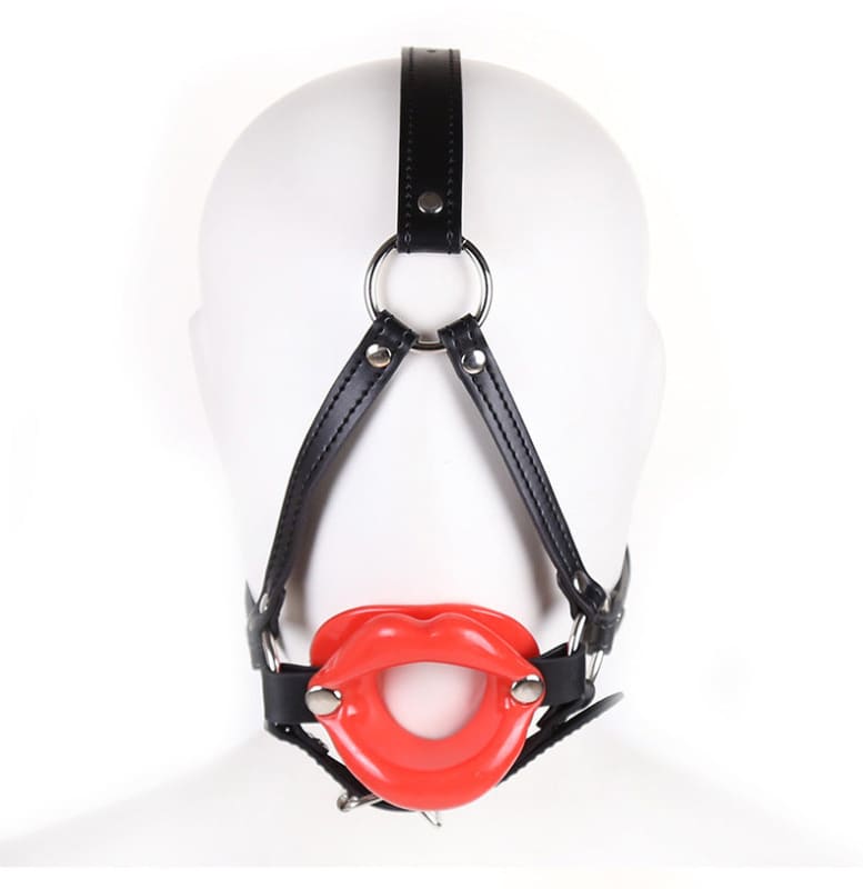 Red ball gag with black leather straps.