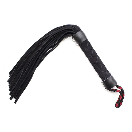 Black leather flogger with multiple tails and a wrapped handle.