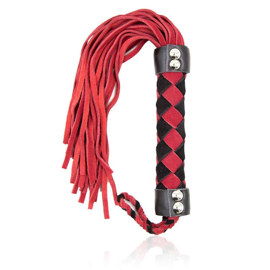 Red and black leather flogger with multiple tails and a braided handle.