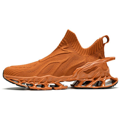 Orange athletic sneaker with a knit upper and distinctive wavy sole design.