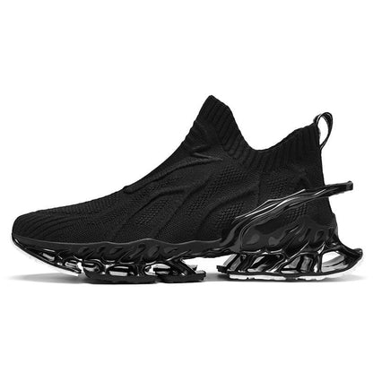 Black athletic sneaker with a sleek, sock-like upper and distinctive blade-shaped sole design.