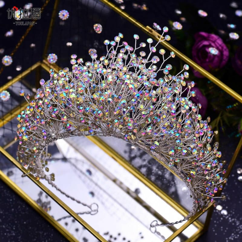 Bridal Headdress Crown Set with Colored Diamond Necklace