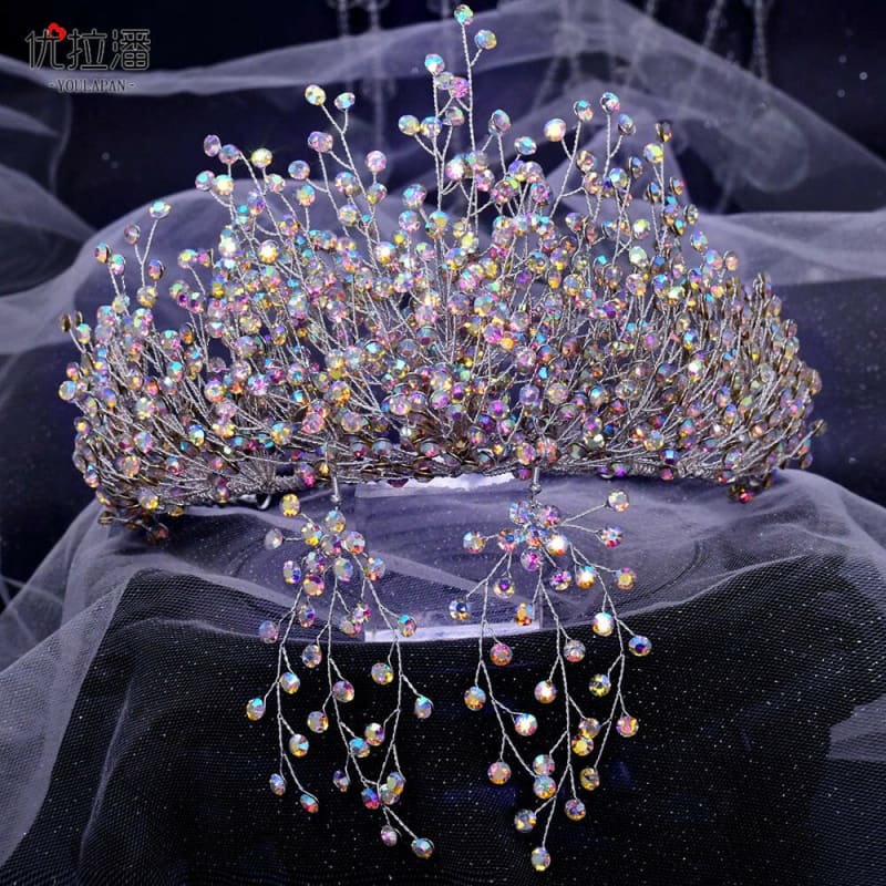 Bridal Headdress Crown Set with Colored Diamond Necklace