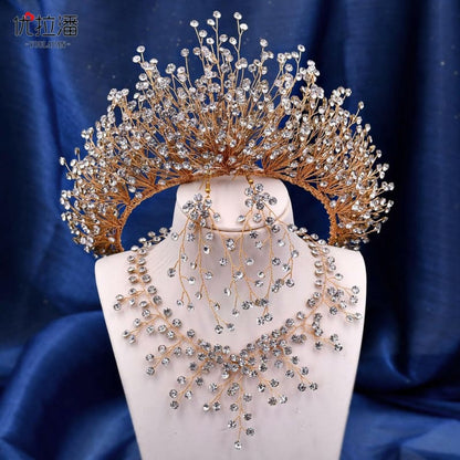 Bridal Headdress Crown Set with Colored Diamond Necklace