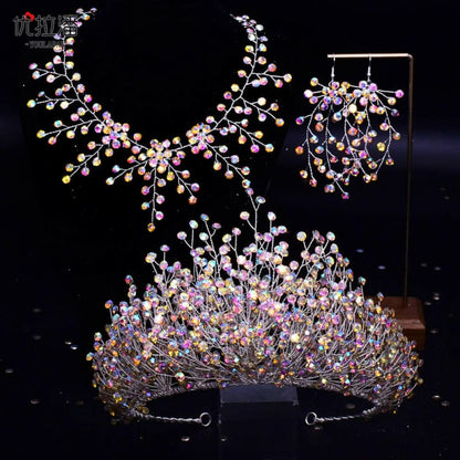 Bridal Headdress Crown Set with Colored Diamond Necklace