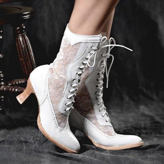 British Style Steampunk Lace-panelled Boots With Front Lace-up - Pleasures and Sins
