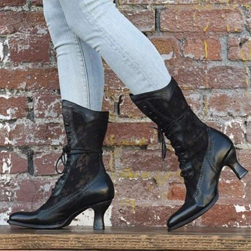 British Style Steampunk Lace-panelled Boots With Front Lace-up - Pleasures and Sins   Pleasures and Sins