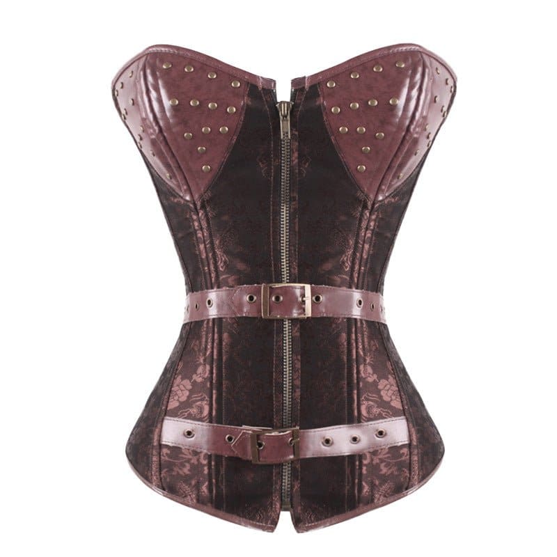 Brown Jacquard Steampunk Corset with Leather Detail Brown