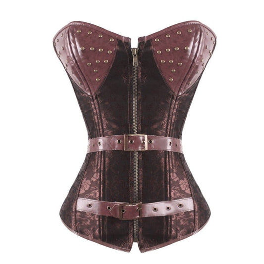 Steampunk-style corset with metallic accents and buckled straps.