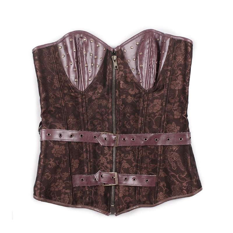 Brown Jacquard Steampunk Corset with Leather Detail