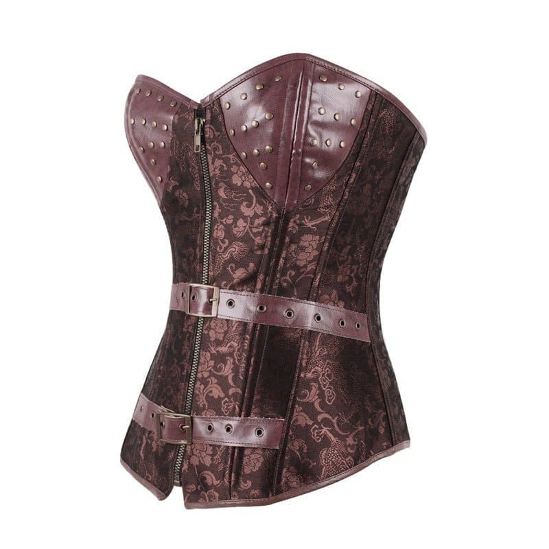 Brown Jacquard Steampunk Corset with Leather Detail