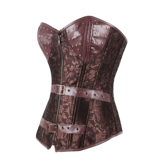 Brown leather and brocade steampunk-style corset with metal studs and buckles.