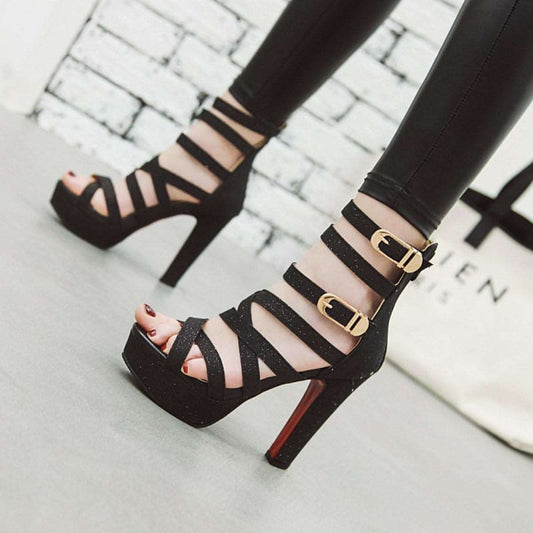 Buckle Detail Chunky High Heel Ladies Platform Sandals