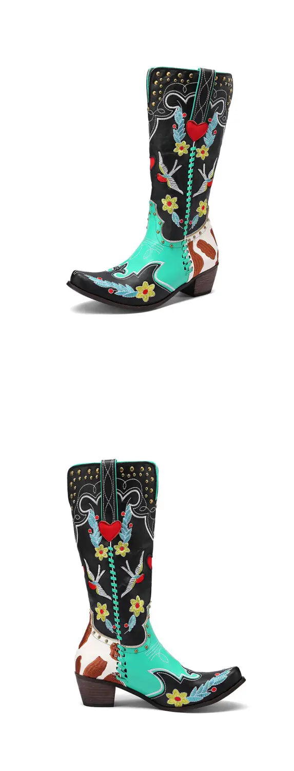 Ornate Turquoise and Black Women’s Western Boots with exquisite embroidery and colorful details.