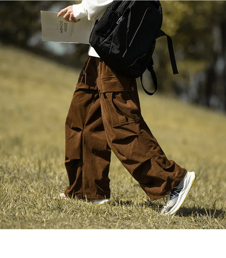 Brown corduroy cargo pants with a baggy fit for chill, stylish comfort.