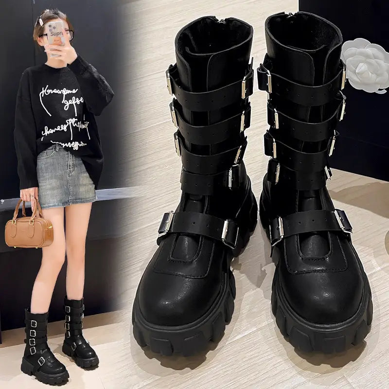 Black platform combat boots featuring multiple buckle straps for a punk multi vibe.