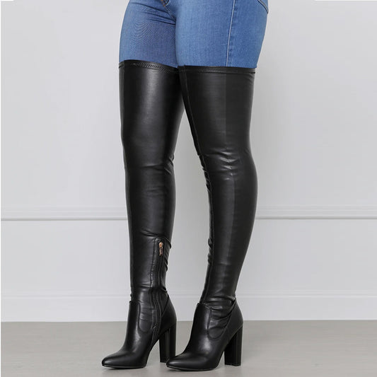 Dominatrix Side Zip Unisex High Chunky Heel, Long Tight Thigh Boots Boots Pleasures and Sins.