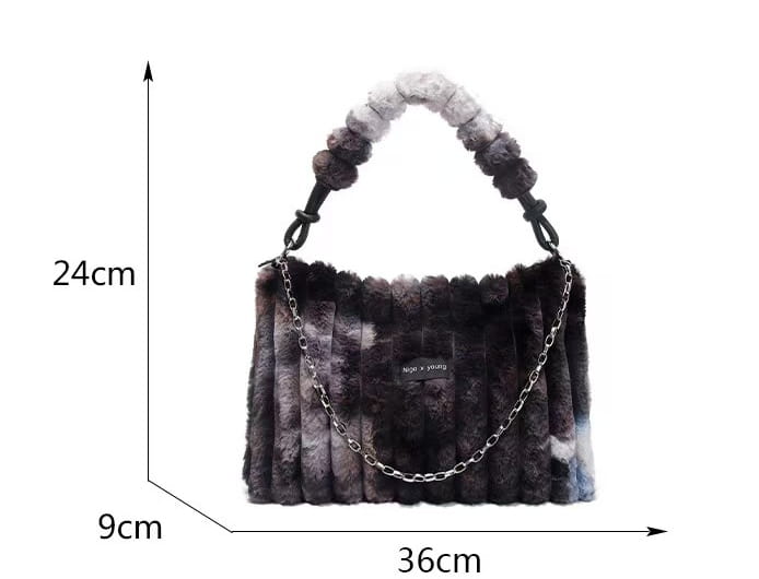 Black faux fur handbag with chain and ruched handle, perfect for a ladies plush retro crossbody.